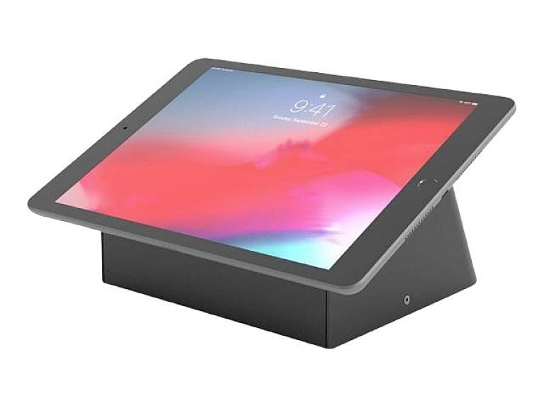 Ein Tablet liegt schräg auf einer schwarzen Halterung. Der Bildschirm zeigt die Uhrzeit 9:41 und farbenfrohe, verschwommene Hintergründe.