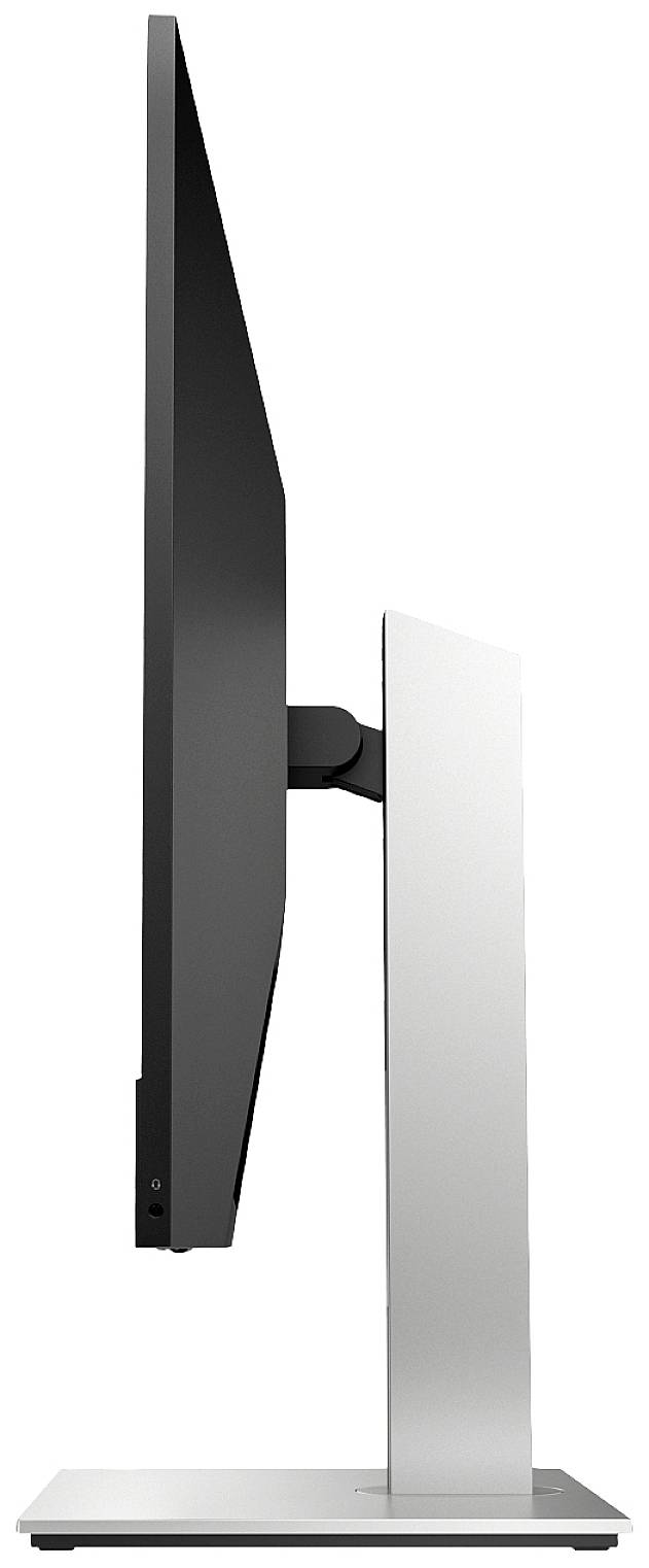 Ein schlanker Computerbildschirm, seitlich betrachtet, mit einem silbernen Standfuß. Ideal für modernen Arbeitsplatz.