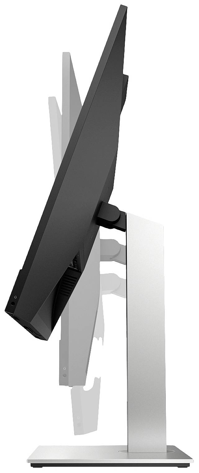 Ein seitlich gedrehter Computerbildschirm, der die Neigungsfähigkeit des Monitors auf einem höhenverstellbaren Standfuß zeigt.