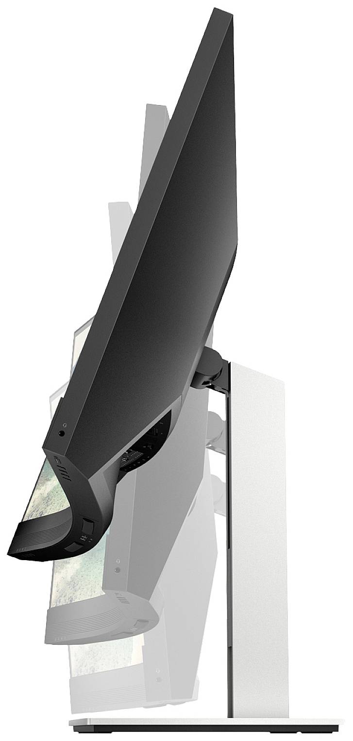 Ein Monitor seitlich von rechts gezeigt, in mehreren Neigungswinkeln dargestellt, auf einem stabilen Standfuß montiert.