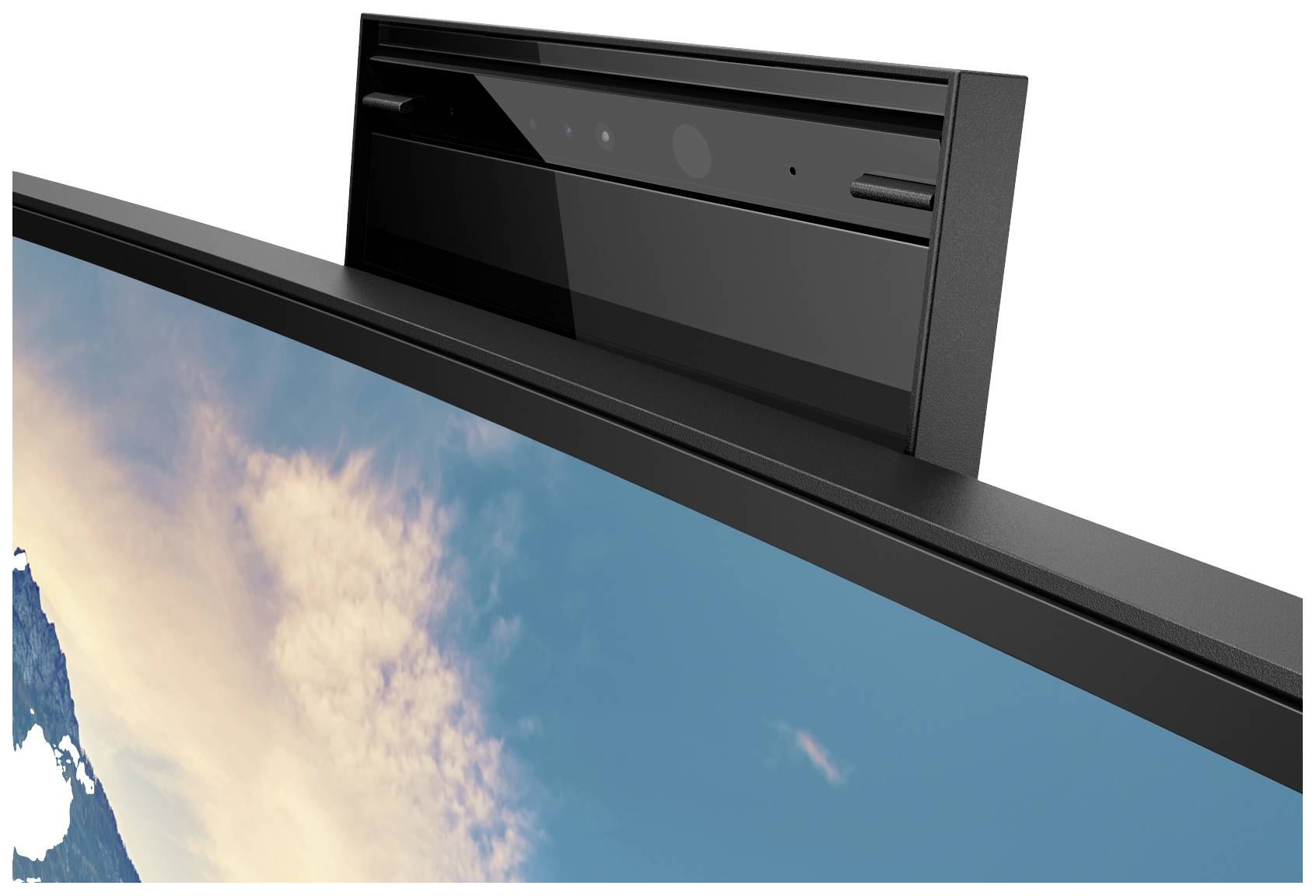 Eine Kamera, die oben auf einem Computerbildschirm montiert ist, zeigt eine Landschaft.