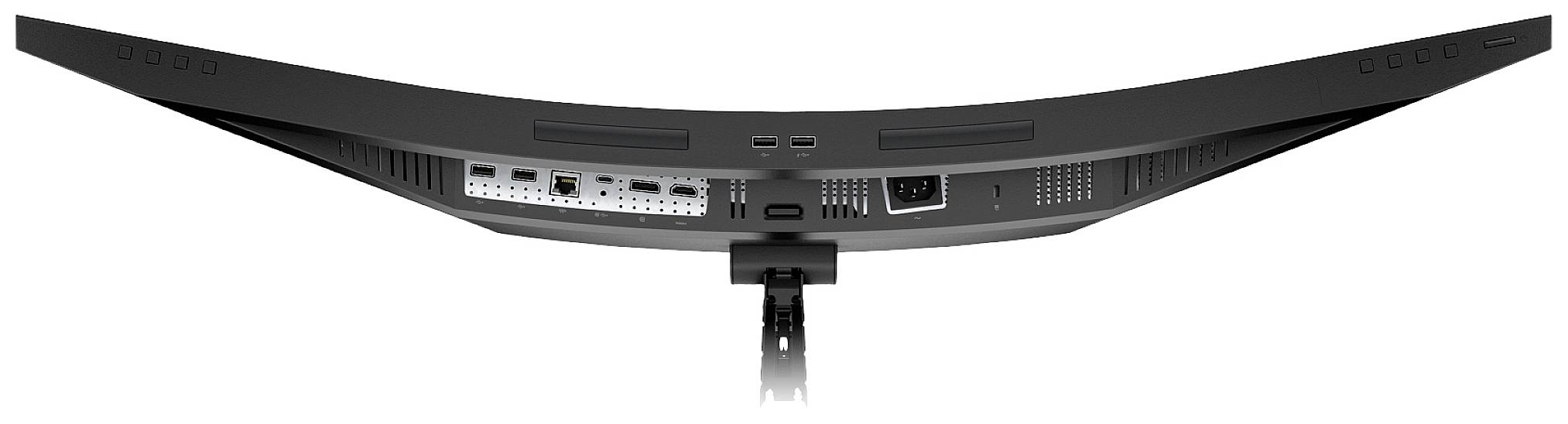 Rückansicht eines gekrümmten Computermonitors mit diversen Anschlüssen und Ports an der Unterseite, auf einem Standfuß montiert.