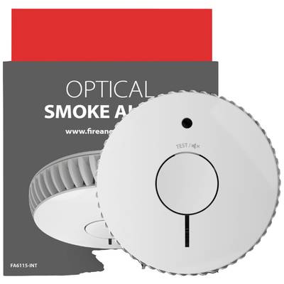 Optischer Rauchmelder mit Testknopf vor grauer Verpackung mit rotem Aufdruck 'OPTICAL SMOKE ALARM'.