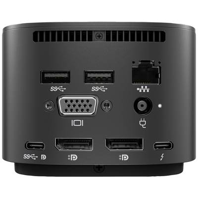 Computer-Anschlussfeld mit mehreren Anschlüssen: Stromanschluss, VGA, Ethernet, zwei DisplayPorts und vier USB-Anschlüsse.