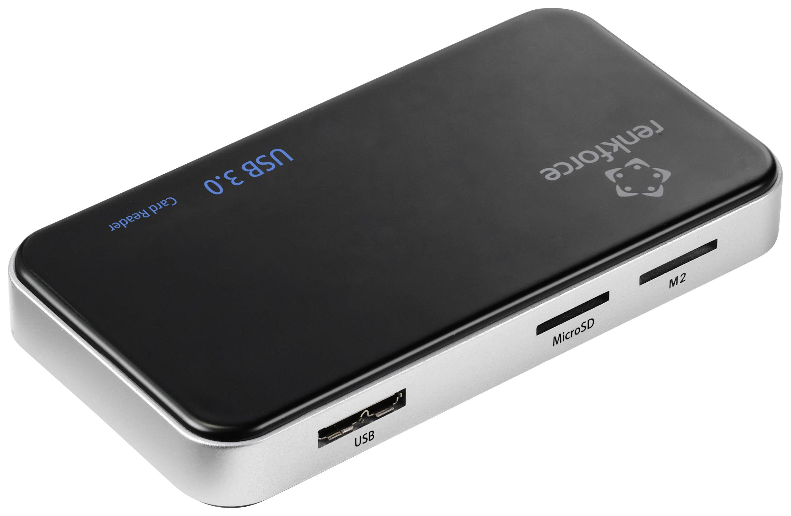USB-Kartenleser mit drei Steckplätzen: USB, MicroSD und M.2, schwarze Oberfläche, Markenname oben rechts.