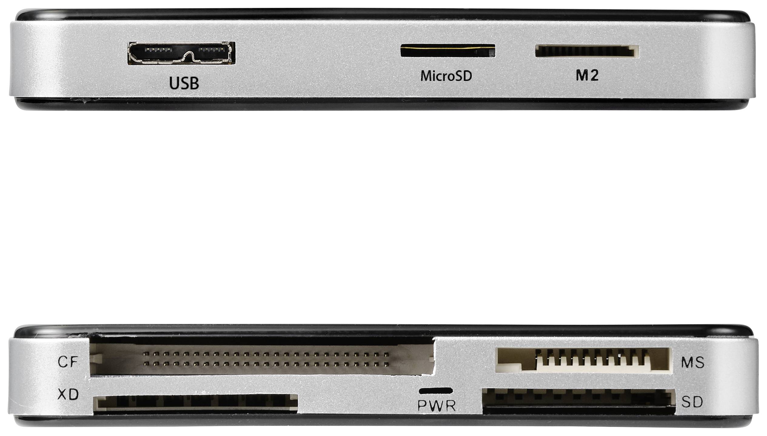 Kartenlesegerät mit mehreren Anschlüssen: Oben USB, MicroSD, M2; Unten CF, XD, PWR, MS, SD. Geeignet für verschiedene Speicherkartentypen.