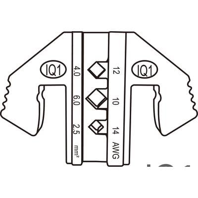Ein Schaltplansymbol zeigt eine elektrische Komponente mit zwei Anschlussflächen, markiert als 'IQ1', mit Drahtstärken in mm² und AWG.