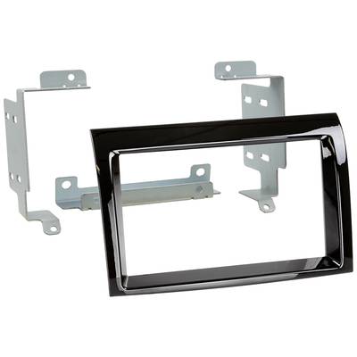 Einbaurahmen-Kit für Autoradio, bestehend aus schwarzem Kunststoffrahmen und zwei Montageteilen aus Metall für die Befestigung.