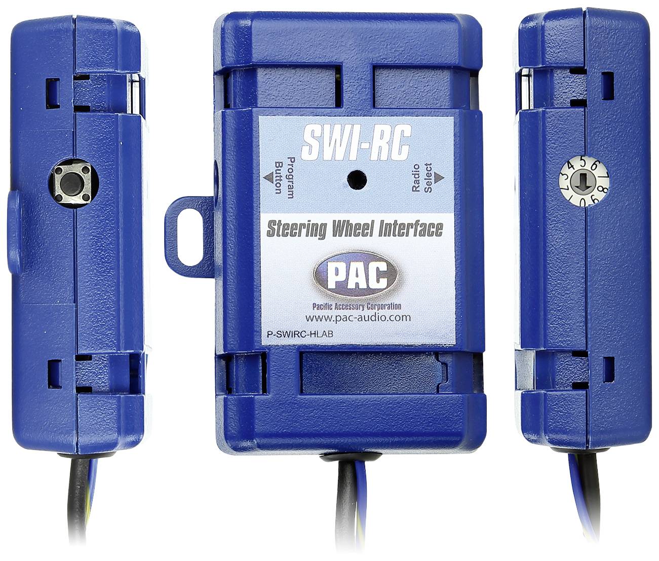 Blaues 'SWI-RC'-Lenkradschnittstellengerät mit PAC-Logo. Zeigt Programm- und Reset-Buttons. Konzipiert für Fahrzeugzubehör.