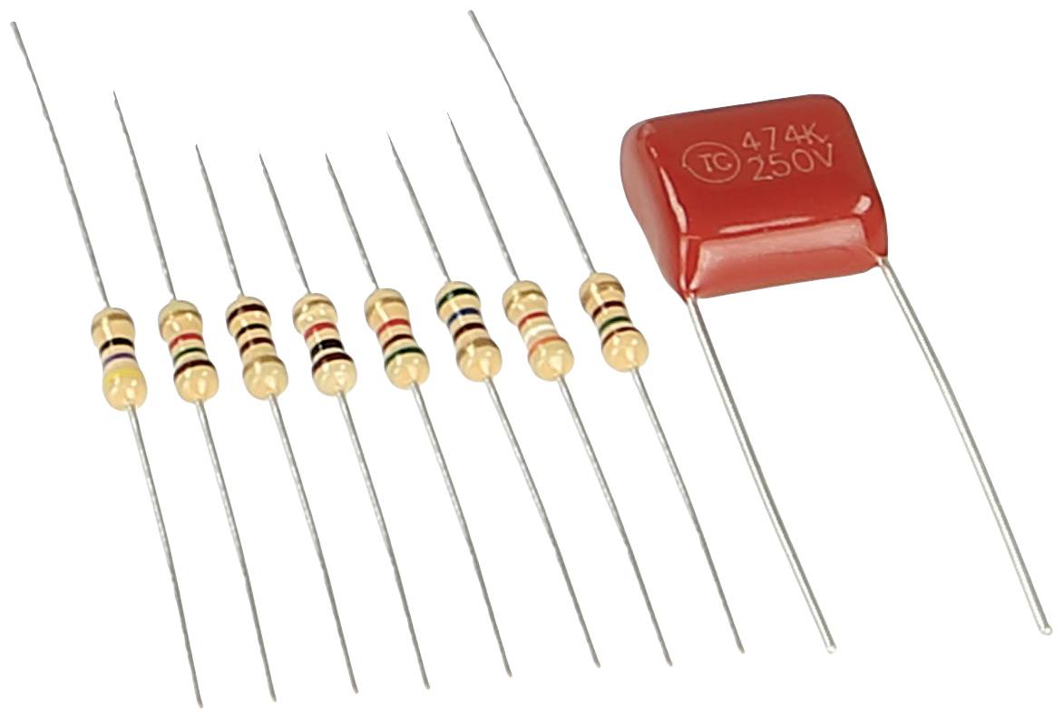 Acht Widerstände mit Farbcodierung links, ein roter Kondensator mit Beschriftung '474k 250V' rechts, auf weißem Hintergrund.