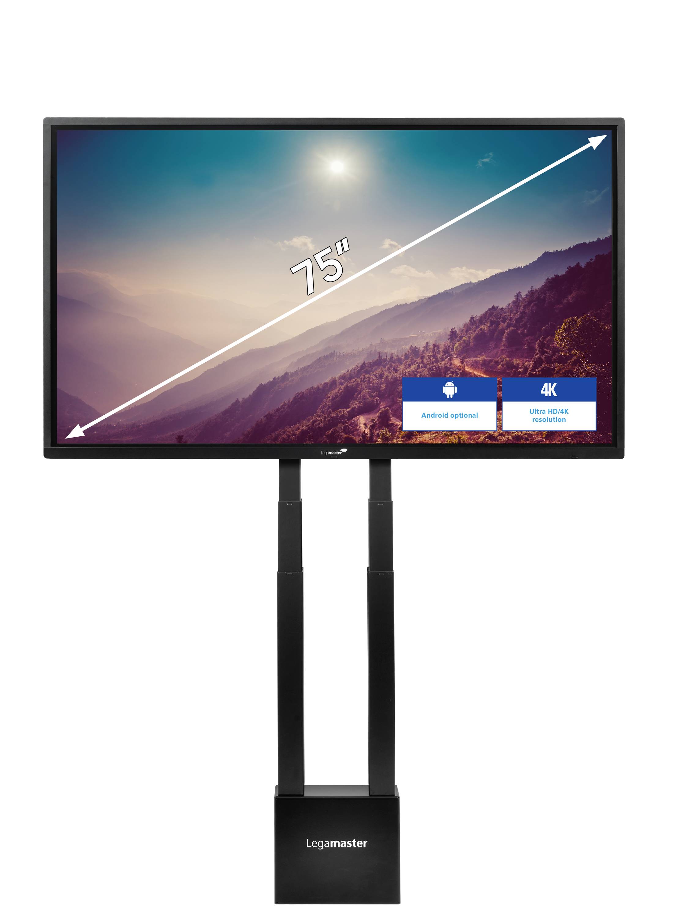 Ein 75-Zoll-Monitor zeigt eine Berglandschaft bei Sonnenaufgang. Rechts unten Symbole: 'Android' und '4K Ultra HD'.