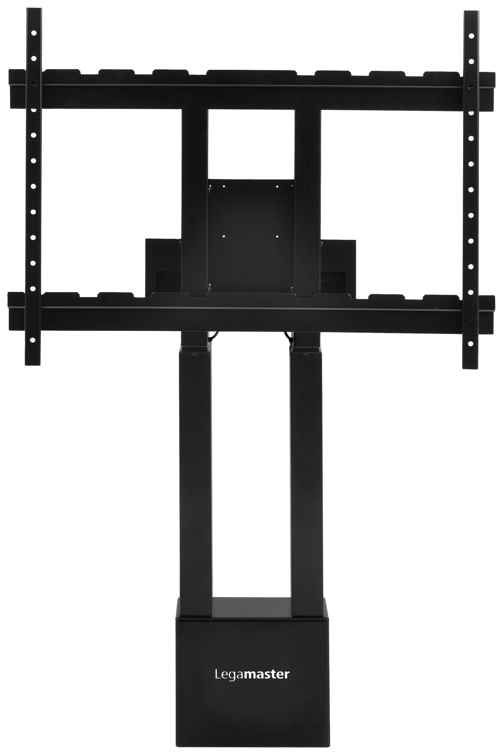 Schwarze TV-Halterung von Legamaster, geeignet für große Bildschirme. Solide Konstruktion mit verstellbaren Streben für optimale Stabilität.