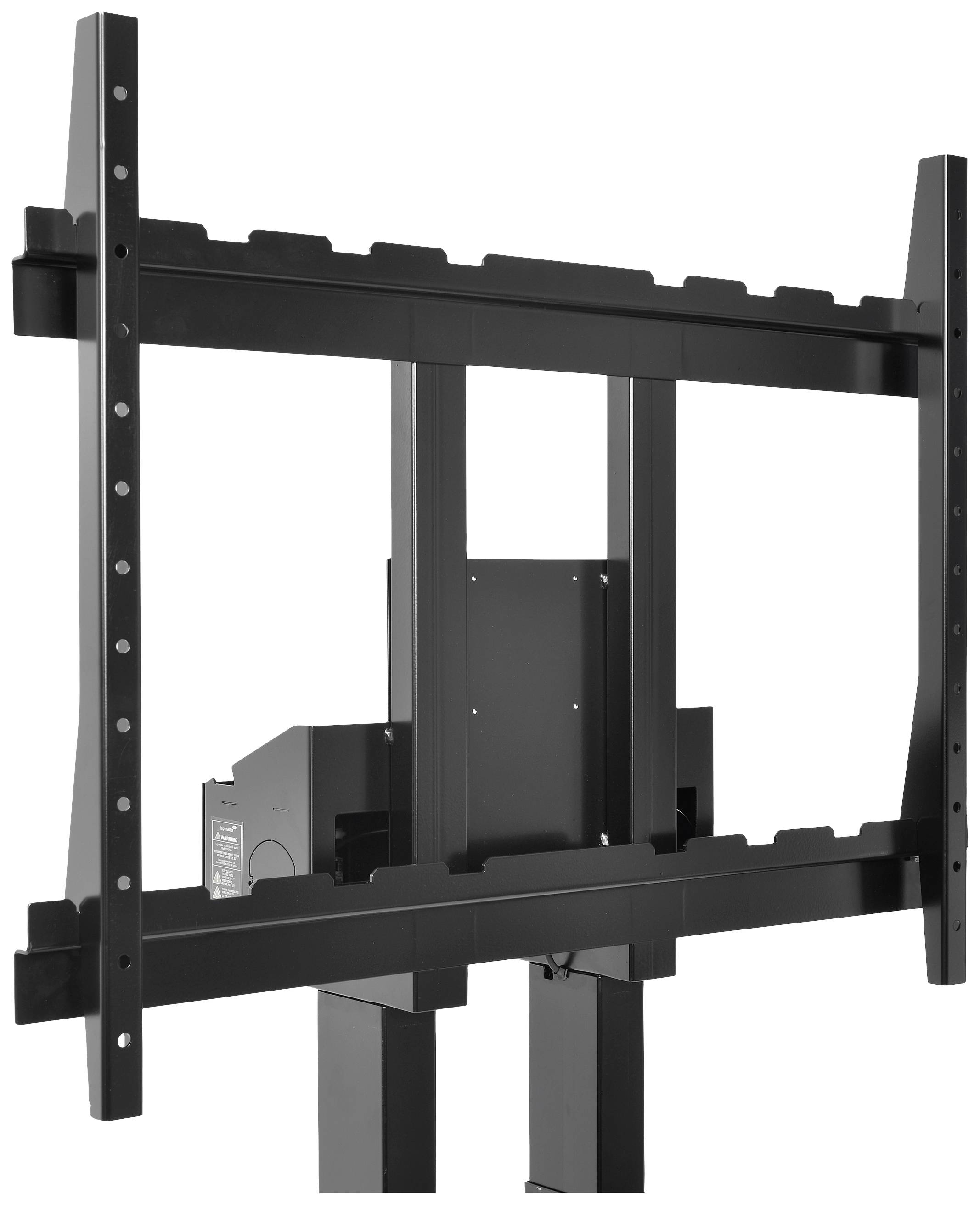 Ein schwarzes TV-Halterungszubehör, das an einer Wand befestigt werden kann. Es enthält Schlitze und Bohrlöcher zur flexiblen Anpassung.