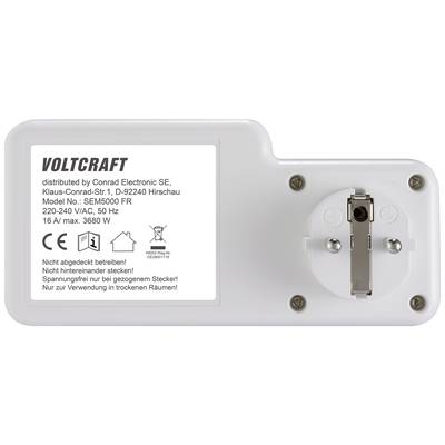 Ein Voltcraft Gerät zur Messung von Stromverbrauch. Aufschrift mit Modelnummer SEM5000 FR und technischen Daten.