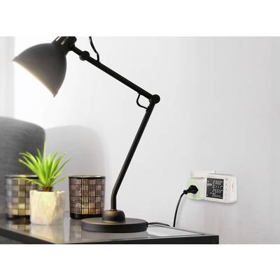 Eine Tischlampe steht auf einem Tisch neben einer Pflanze und einem dekorativen Licht. Ein Energiemessgerät zeigt '230 V, 2.55 A'.