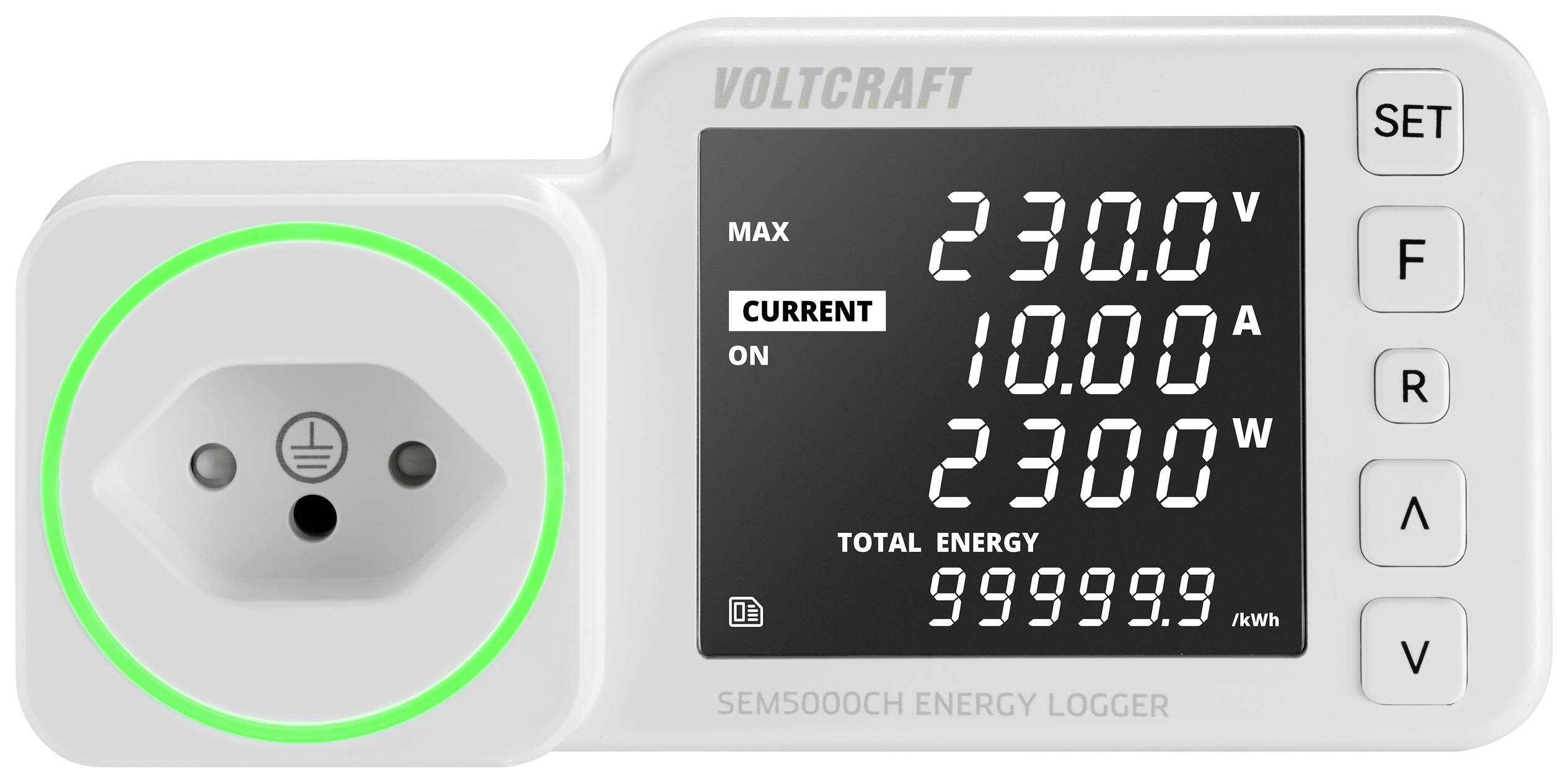 Ein Strom-Messgerät zeigt 'MAX: 230.0V', 'CURRENT: 10.00A', '2300W' und 'TOTAL ENERGY: 999999.9 kWh' auf dem Bildschirm an.