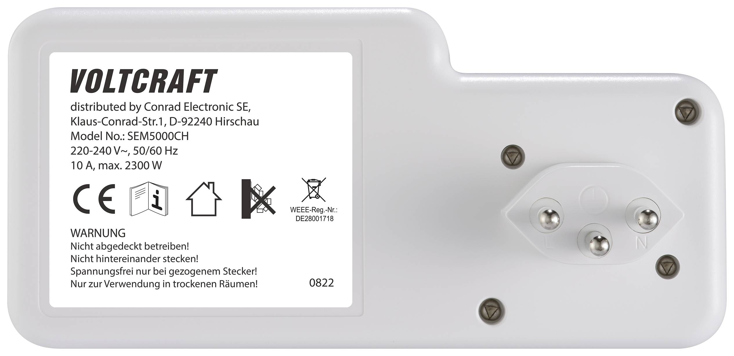 Weiße Rückseite eines elektrischen Geräts mit Steckkontakten und Informationsaufkleber. Aufkleber zeigt Modellnummer, Spannung, Warnhinweise und CE-Kennzeichnung.