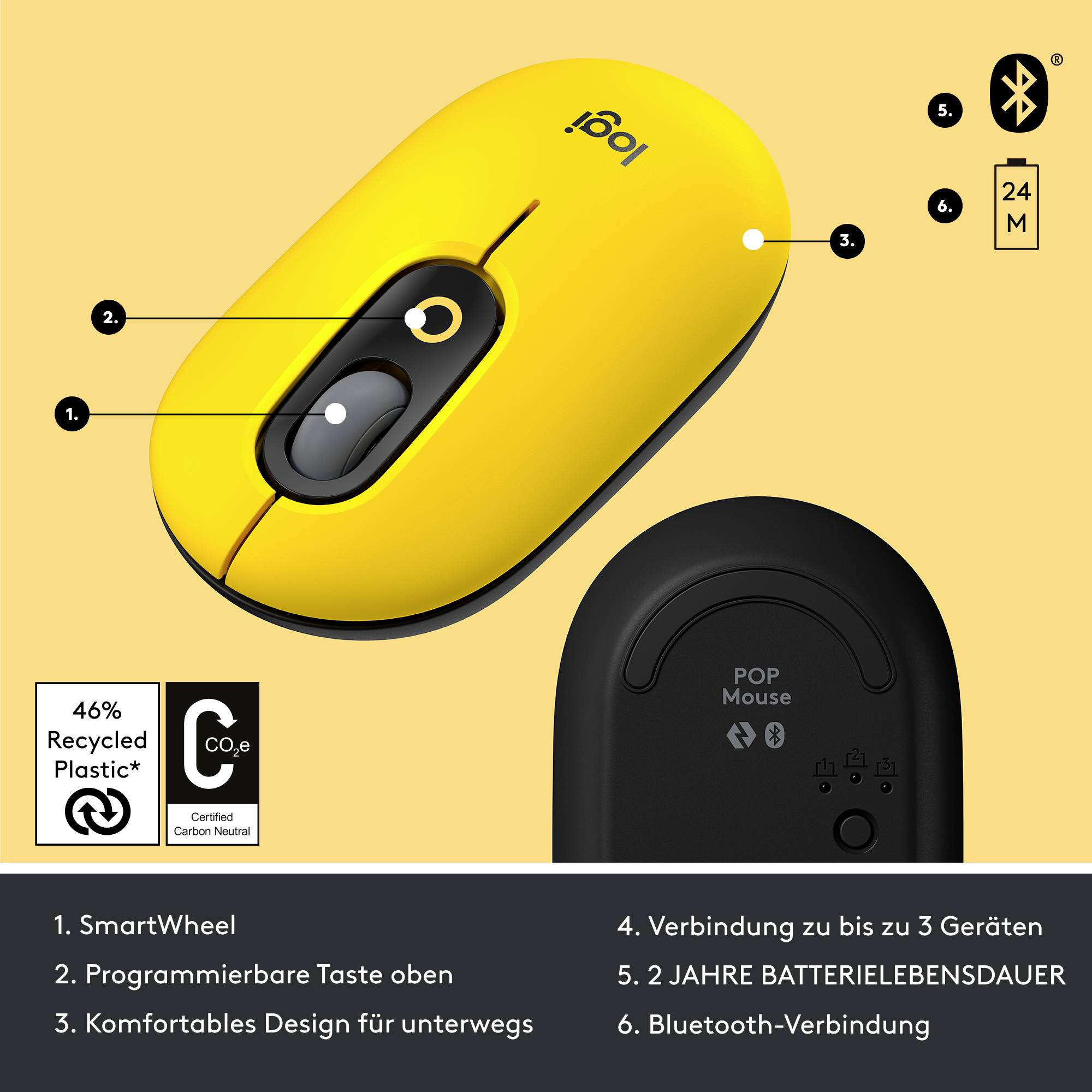 Gelbe kabellose Maus mit SmartWheel-Support, programmierbaren Tasten und 2-jähriger Batterielebensdauer. Bluetooth-Verbindung, 46% recyceltes Material.