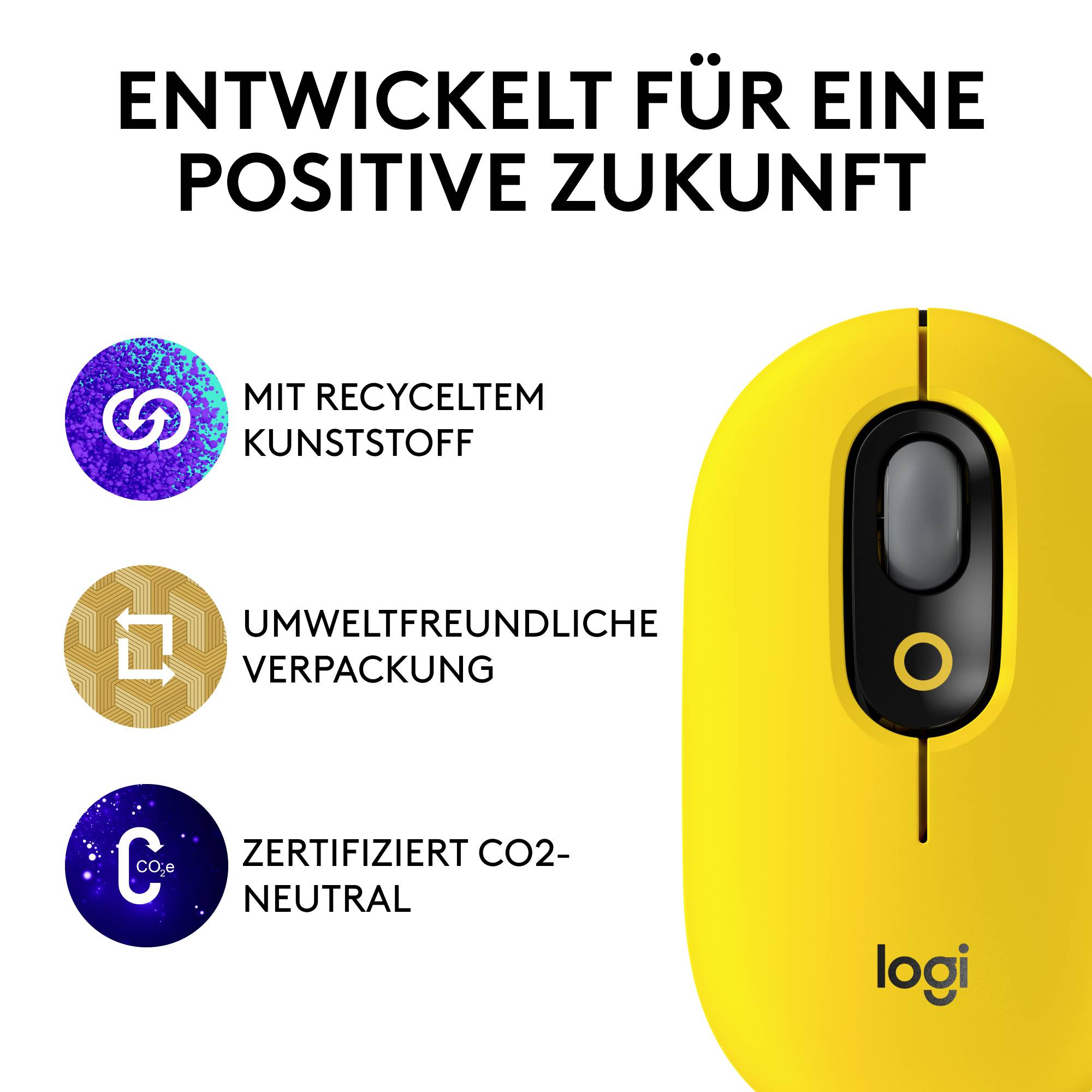 Eine gelbe Computermaus mit Text 'Entwickelt für eine positive Zukunft'; Symbole zeigen: recycelter Kunststoff, umweltfreundliche Verpackung, CO2-neutral.