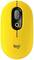 Gelbe kabellose Computermaus mit schwarzem Scrollrad und weißem Logo auf der Vorderseite.