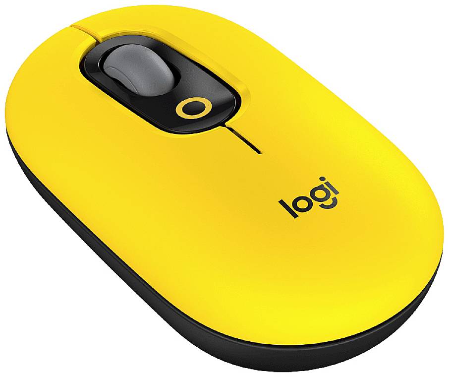 Gelbe kabellose Computermaus mit schwarzem Scrollrad und Logo-Aufdruck. Ergonomisches Design, geeignet für tragbare Geräte.