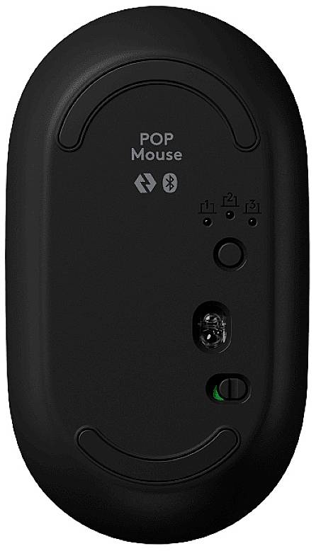 Schwarze Computermaus von unten, zeigt optischen Sensor, zwei Gleitflächen, Bluetooth-Logo und Gerätetaste mit drei Nummern.