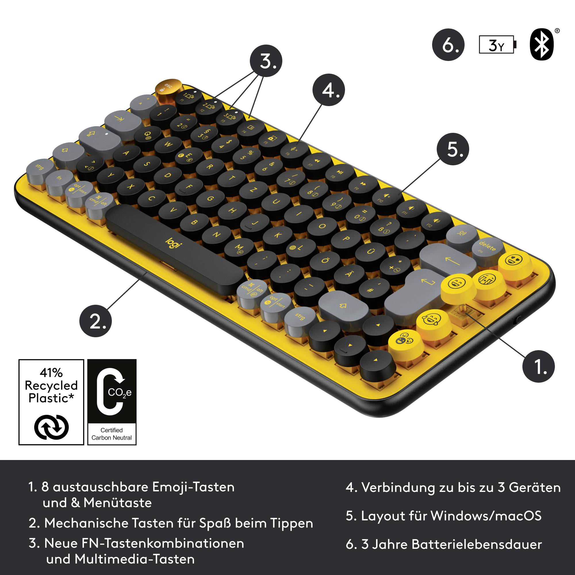 Diese Abbildung zeigt eine drahtlose Tastatur mit runden Tasten, orangem Akzent und Emojis. Funktionen: Austauschbare Tasten, Bluetooth, Verbindung zu 3 Geräten, 3 Jahre Batterielebensdauer. 41% recycelter Kunststoff.