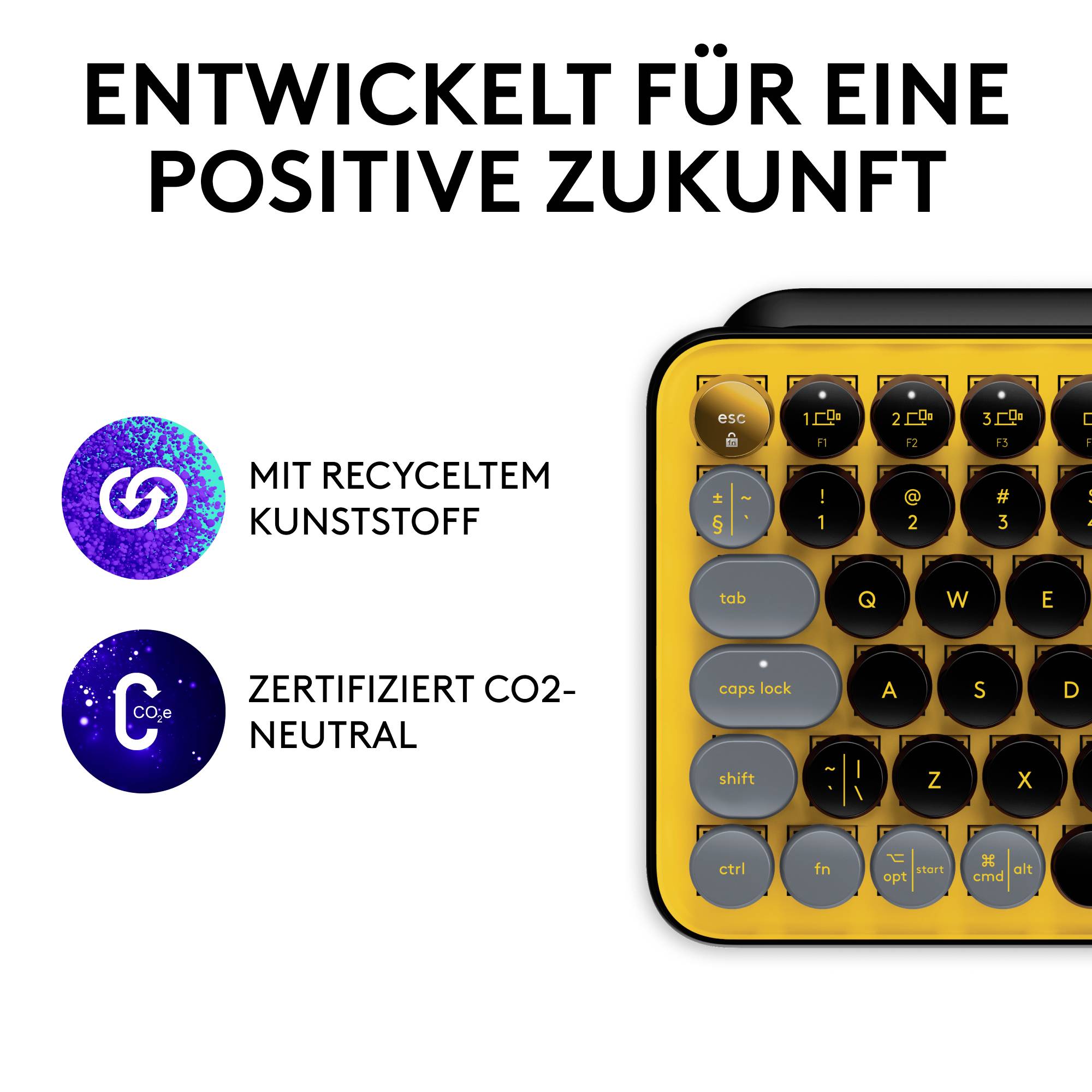 'Tastatur mit recyceltem Kunststoff, CO2-neutral zertifiziert. Überschrift: Entwickelt für eine positive Zukunft.'