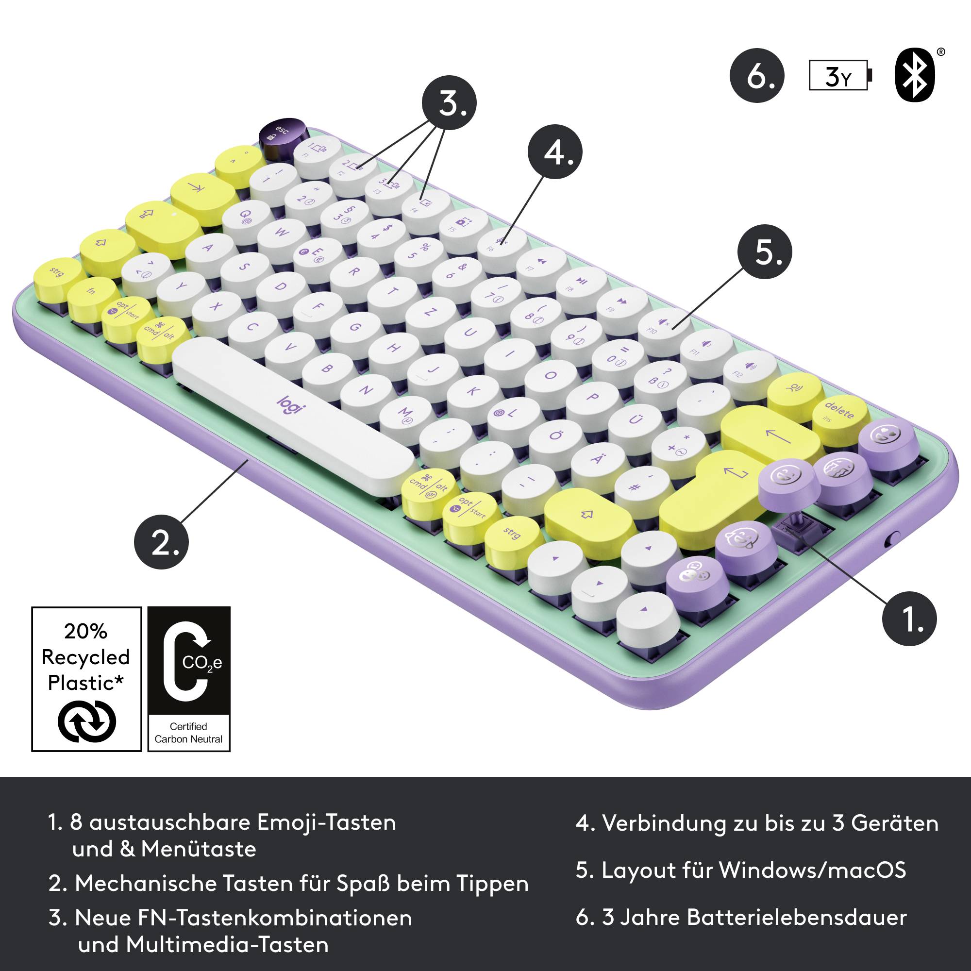 Logitech POP Bluetooth® Tastatur Deutsch, QWERTZ Violett, Minze, Gelb Easy Switch 3 Geräte, Multimediatasten, Multipair--5