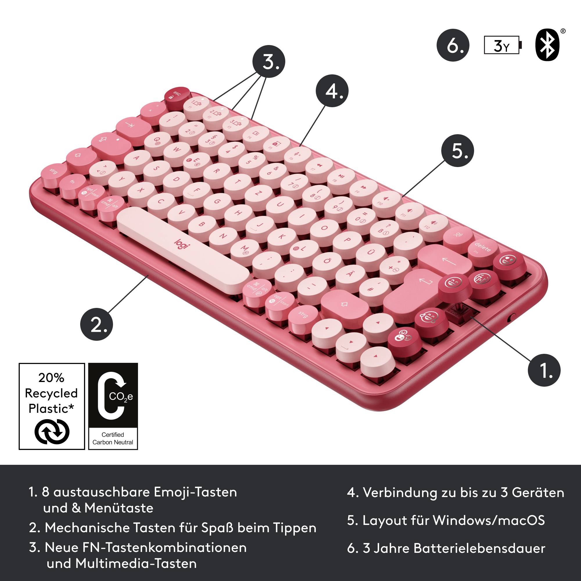 Logitech POP Bluetooth® Tastatur Deutsch, QWERTZ Himbeerrot, Korallenrot Easy Switch 3 Geräte, Multimediatasten, Multipa-5
