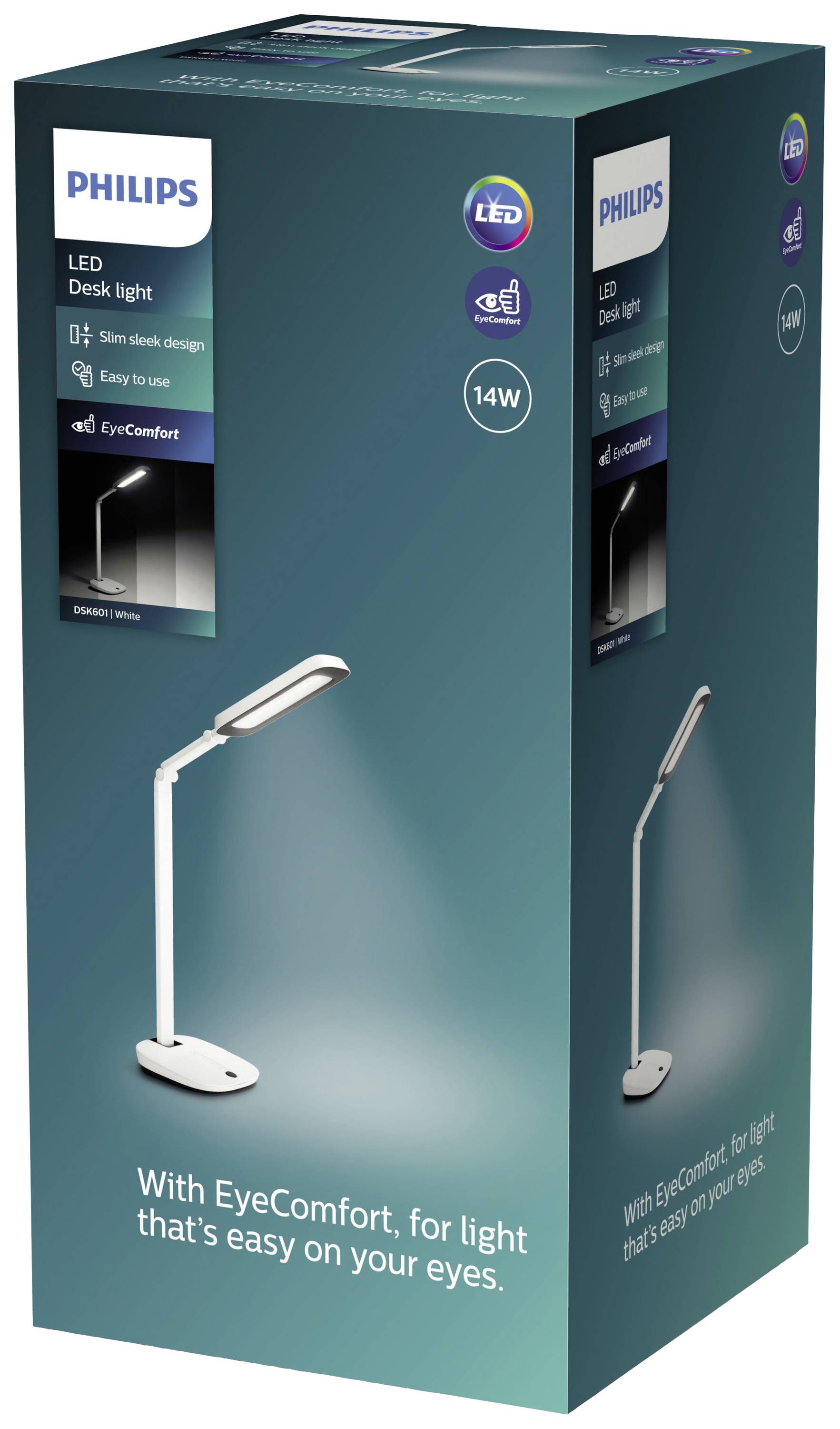 Verpackung einer Philips LED-Schreibtischlampe, 14W, mit schlankem Design. Text: 'With EyeComfort, for light that's easy on your eyes'.