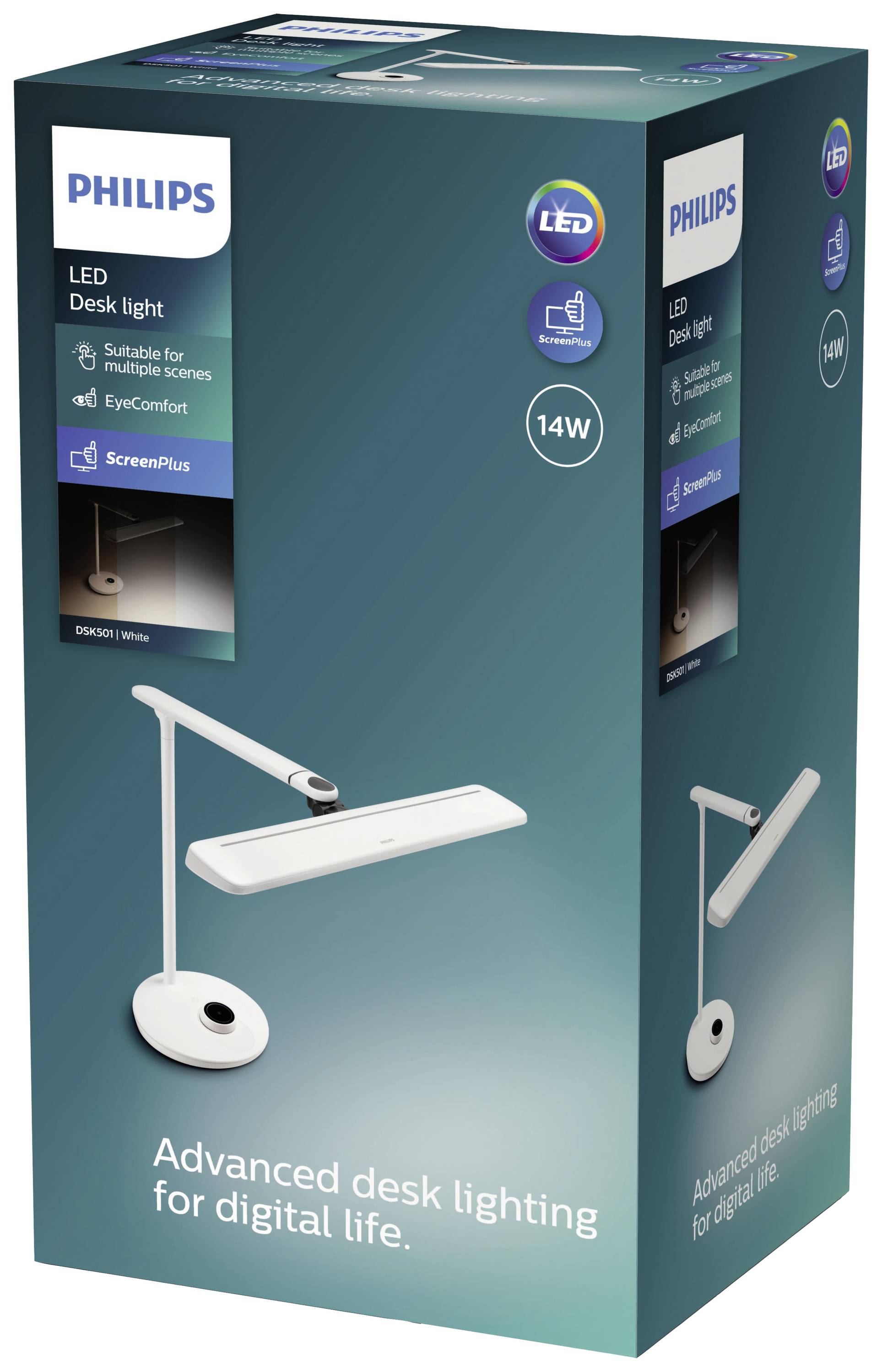 Verpackung einer Philips LED-Tischlampe, 14W, mit EyeComfort-Technologie, geeignet für verschiedene Szenen.