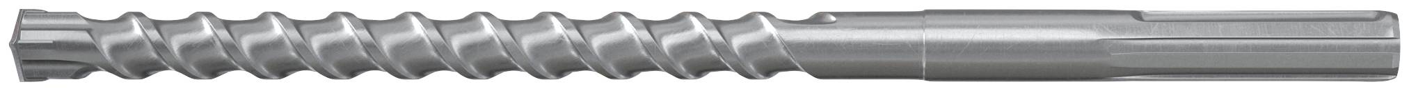 Nahaufnahme eines Metallbohrers mit silbernem Schaft, horizontal auf weißem Hintergrund dargestellt.