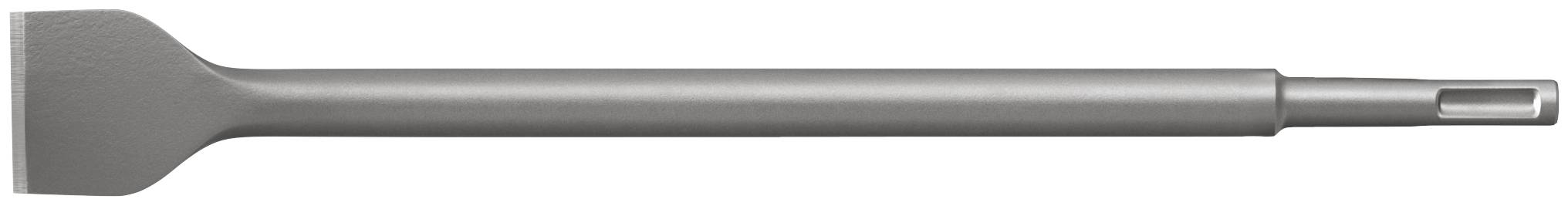 Ein flaches Metallmeißel-Werkzeug mit einer breiten abgeschrägten Klinge an einem Ende und einem schmalen Schaft, der an dem anderen Ende in einer zylindrischen Spitze endet.