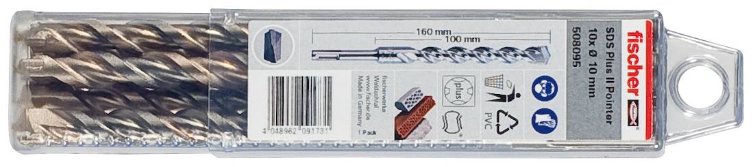 Verpacktes Fischer SDS-Bohrmeißel-Set in einem durchsichtigen Kunststoffkoffer, gekennzeichnet für Beton- und Maurerbohrungen, mit sichtbaren Größen- und Produktdetails.