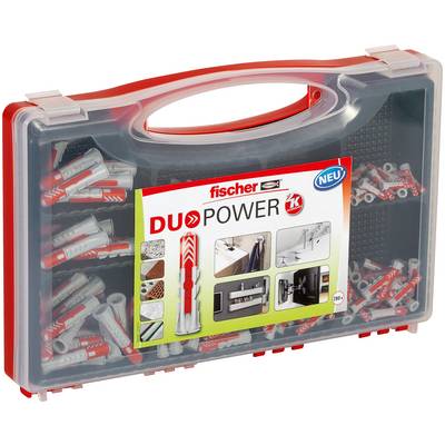 Kunststoff-Transportkoffer mit Fischer DUOPOWER-Dübeln und Schrauben mit rotem Griff und beschrifteten Sortimentsfächern.