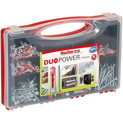 Kunststoffgehäuse von Fischer DUOPOWER Schrauben und Dübeln, das verschiedene Befestigungselemente in Fächern organisiert zeigt