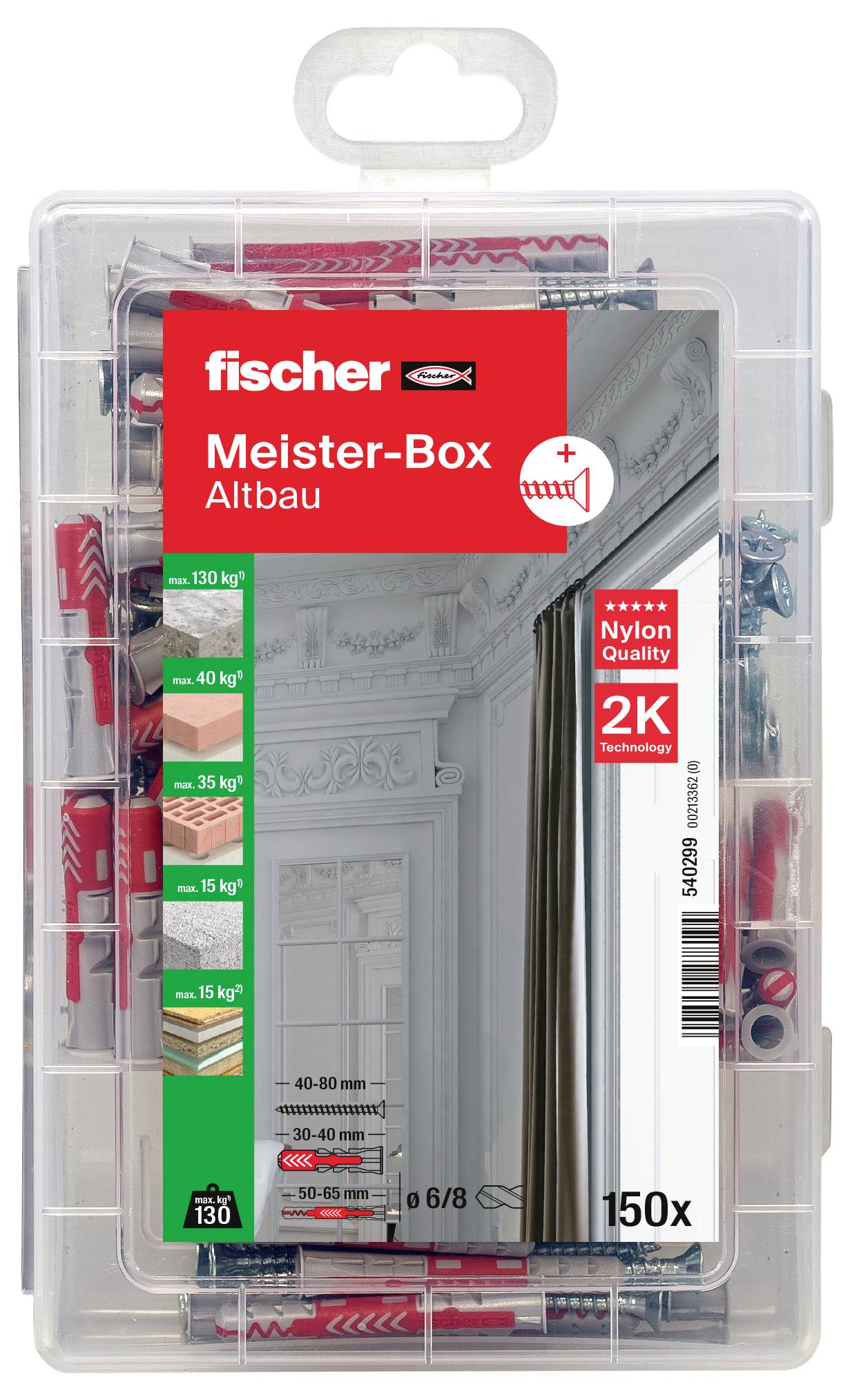 Eine Plastikbox mit verschiedenen Dübeln und Schrauben von Fischer, geeignet für Altbau, maximale Tragkraft bis 130 kg.