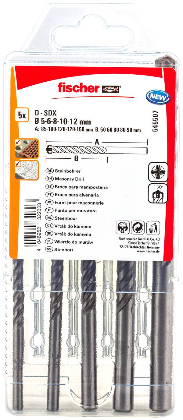 Fischer 545507 Stein-Spiralbohrer-Set 5 mm, 6 mm, 8 mm, 10 mm, 12 mm Zylinderschaft 1 St.