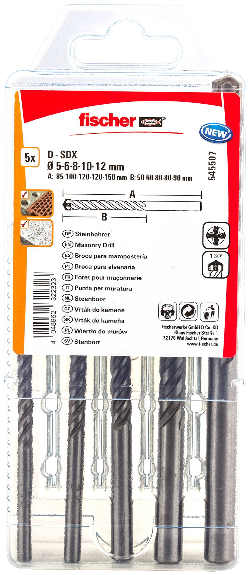 Packung mit fünf Fischer D-SDX Bohrern, gekennzeichnet für Mauerwerk, Stein, Beton und mehrere Bohrgrößen