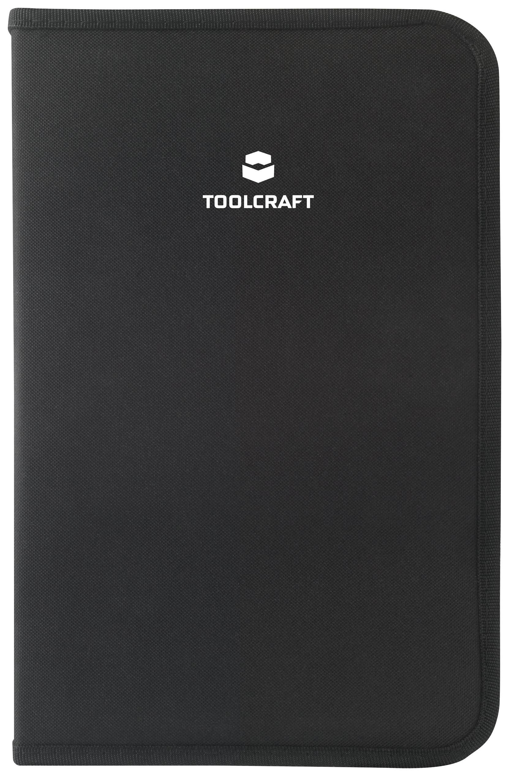 Schwarzes Etui mit dem Logo und Schriftzug 'Toolcraft' darauf. Das Etui hat abgerundete Kanten.