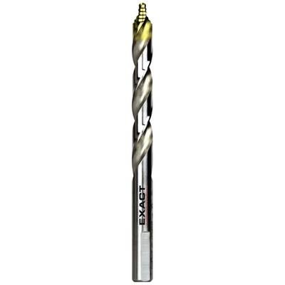 Bohrer mit spiralförmigen Schneidkanten, für präzises Bohren in Metall. Marke 'Exact'. Hochglänzende, metallisch-schwarze Oberfläche.