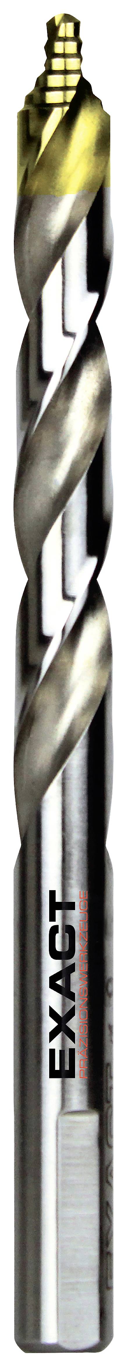Bohrer mit zwei spiralförmigen Schneiden und goldener Spitze, Markenname 'EXACT' auf dem Schaft sichtbar.