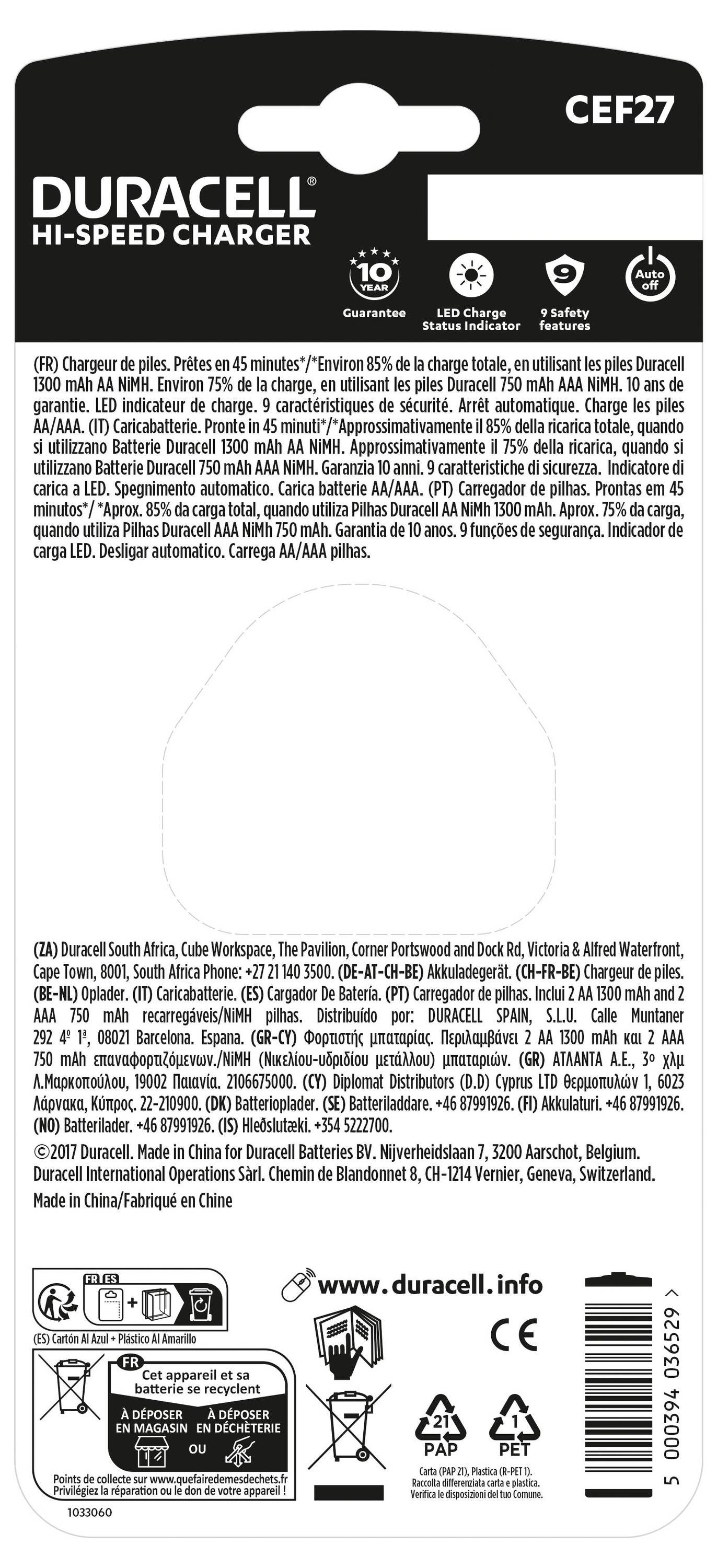 "Duracell Hi-Speed Charger" Verpackungsrückseite mit Spezifikationen: Ladezeit, unterstützte Batterietypen (AA/AAA NiMH) und Sicherheitsfunktionen. Enthält Branding und Kontaktinformationen.