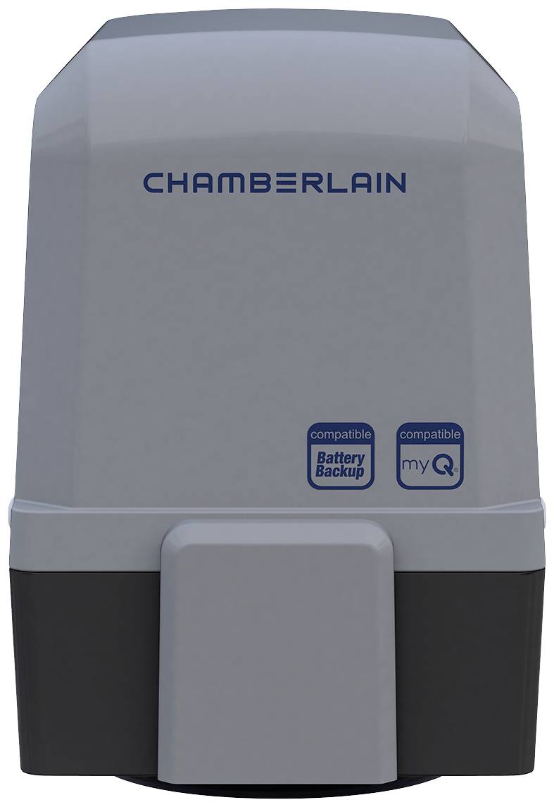 Elektrischer Garagentoröffner, Markenname oben, mit Kompatibilität für Batterie-Backup und myQ-Technologie hervorgehoben.
