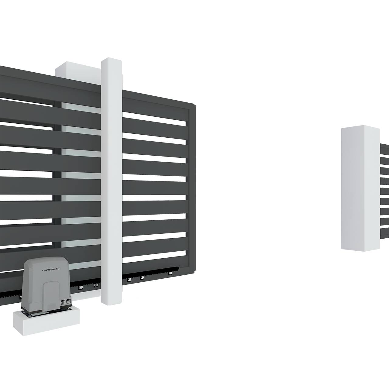 Ein elektrisches Schiebetor in dunkler Farbe, montiert auf einem weißen Pfosten, mit einem Motor links zur Automatisierung des Tores.