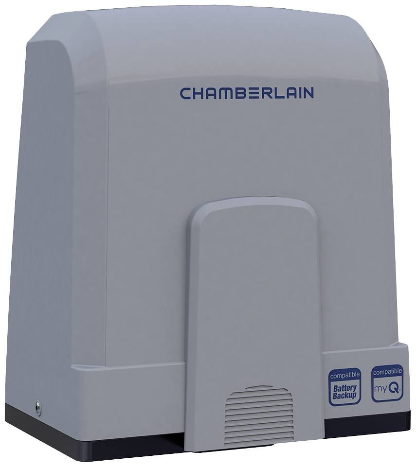 Elektrischer Garagentoröffner von Chamberlain in grauer Farbe, kompatibel mit 'Battery Backup' und 'myQ'.