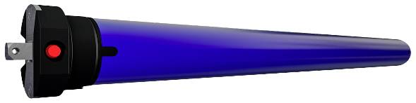 Ein blaues, zylindrisches Gerät mit schwarzem Ende und rotem Knopf, möglicherweise eine Art elektrisches oder technisches Werkzeug.