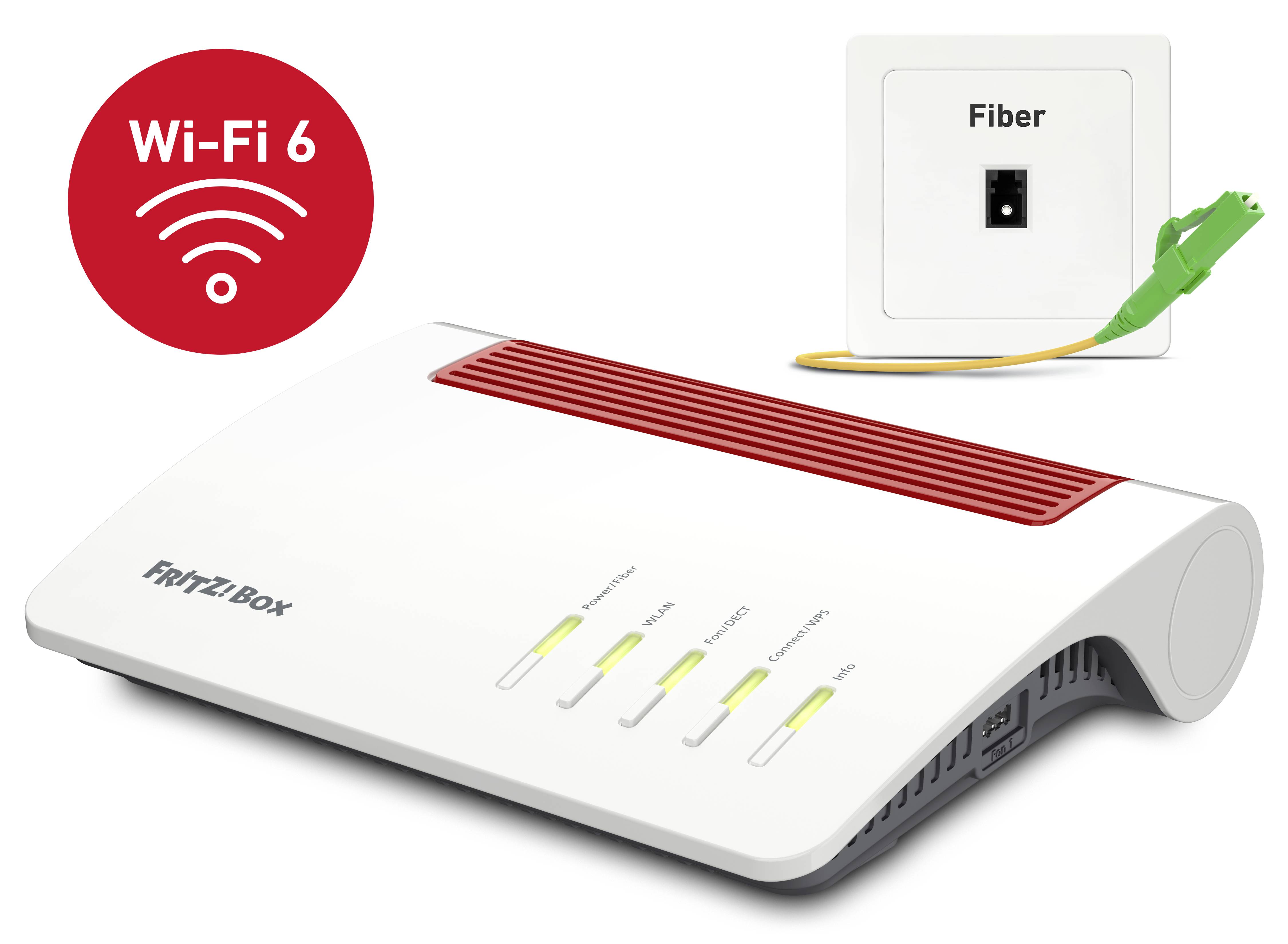 Die Abbildung zeigt einen Router mit der Aufschrift 'Fritz!Box', der über Wi-Fi 6 verfügt. Daneben ist ein Glasfaseranschluss zu sehen.