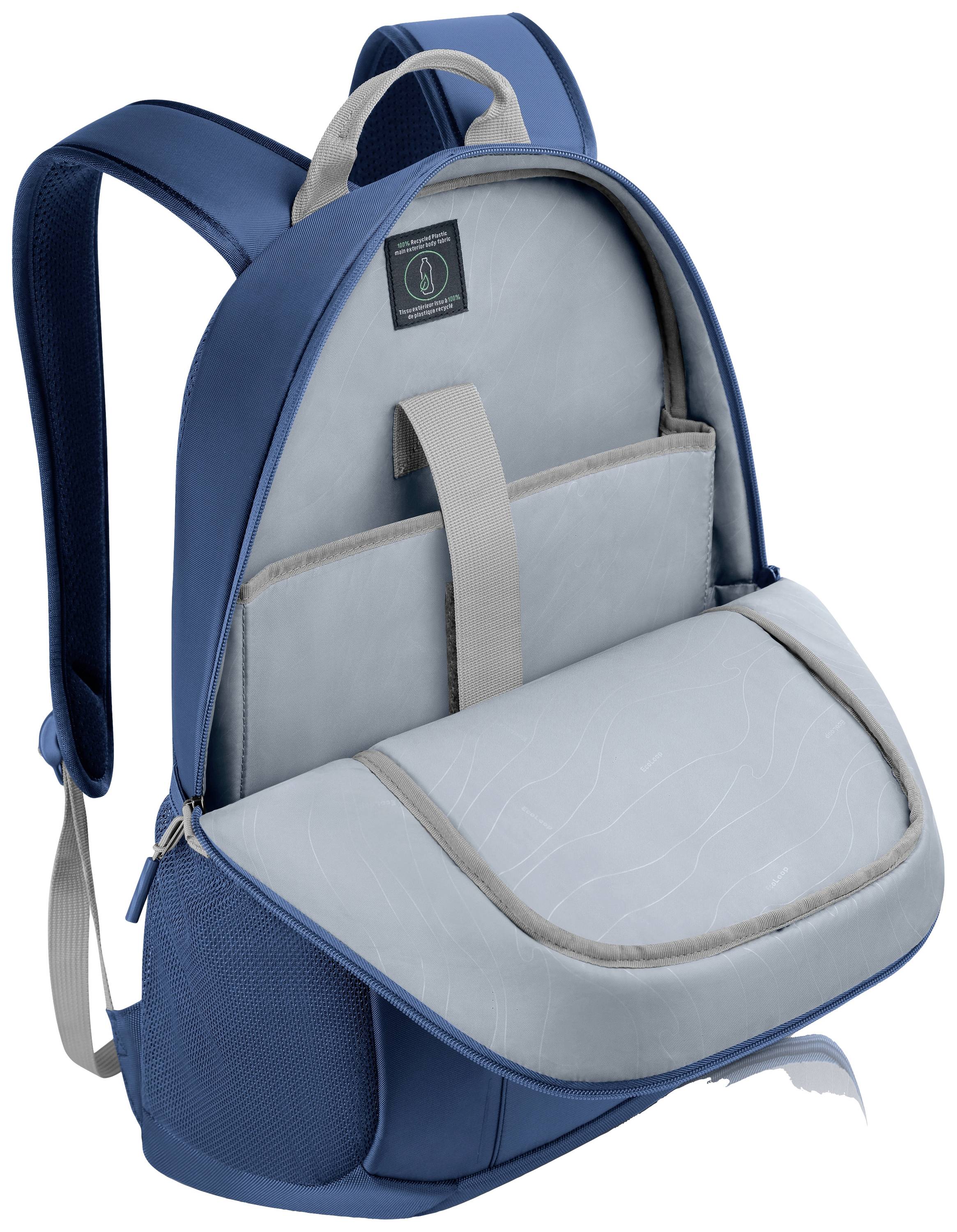 Ein geöffneter, blauer Rucksack mit mehreren Fächern, darunter ein gepolstertes Laptopfach und Seitentaschen.